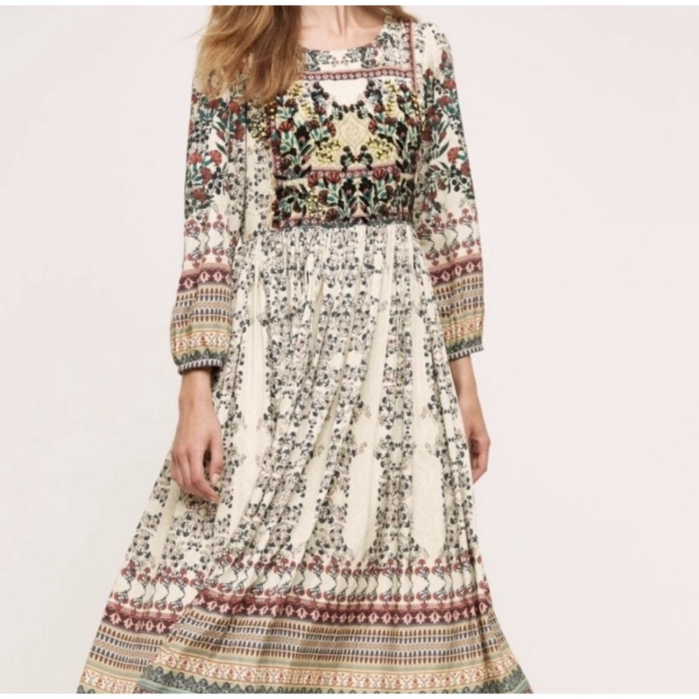 Anthropologie Bhanuni by Jyoti 12 Floral Beaded Embroidered Midi A-Line Dress